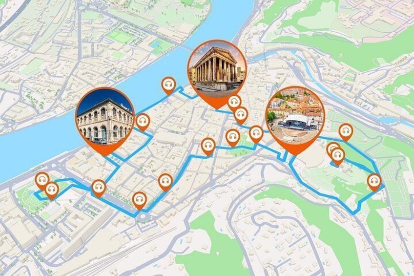 A map with highlighted landmarks and routes. 3