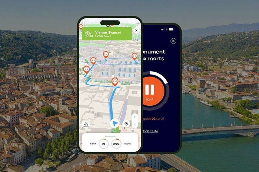 Un teléfono inteligente mostrando un mapa de Viena con un río y edificios al fondo. 1