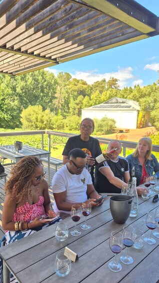 A group of people sitting at an outdoor table with wine glasses and bottles, surrounded by greenery and a vineyard in the background. 2