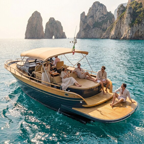 A boat with passengers on a calm sea, surrounded by rocky cliffs. 1