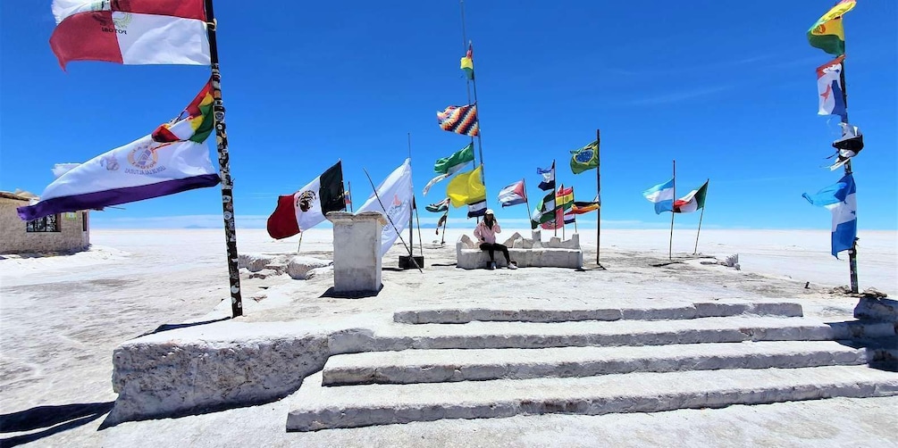 A series of steps leading to a flag display with various national flags. 2