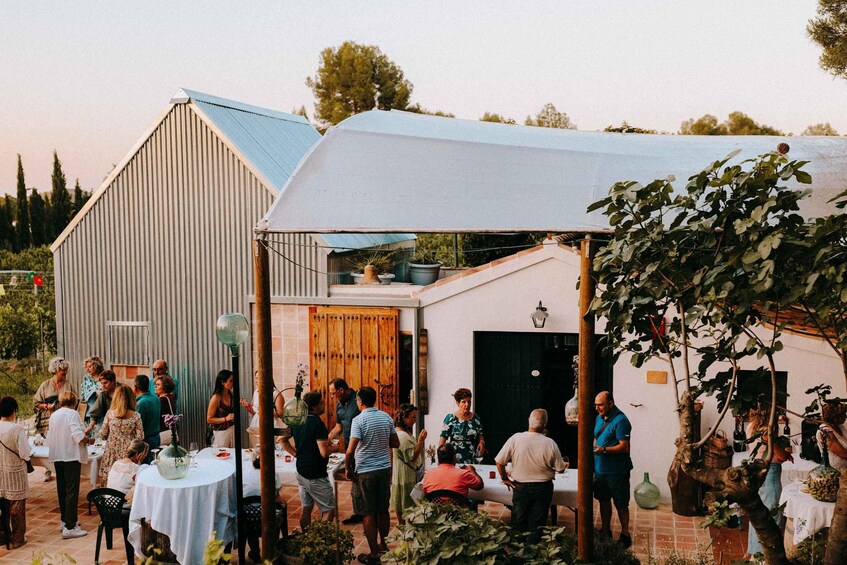 A group of people gathered outdoors at a rustic venue with a metal building and a covered area. 1