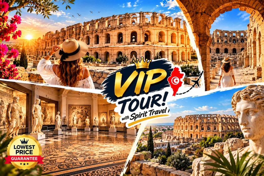 A collage of ancient Roman architecture, including the Colosseum, with a promotional banner for a VIP tour. 1