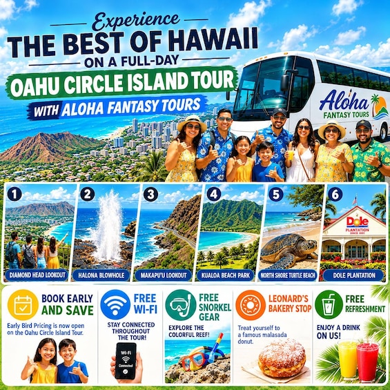 A tour bus with a group of people, highlighting the Oahu Circle Island Tour with Aloha Fantasy Tours. 1
