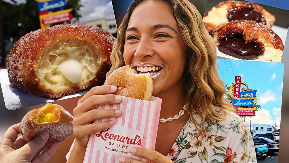 A person holding a doughnut with a hole in the middle, a doughnut with chocolate on top, and a doughnut with a hole in the middle being held by another person. In the background, there is a sign for Leonard's Bakery. 2