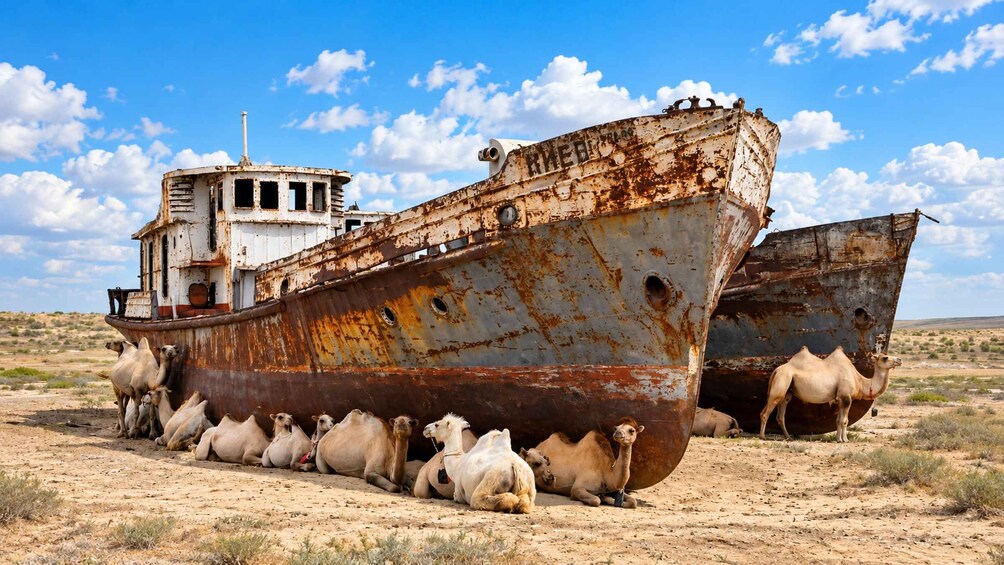 A rusted shipwreck with camels resting on its deck. 1