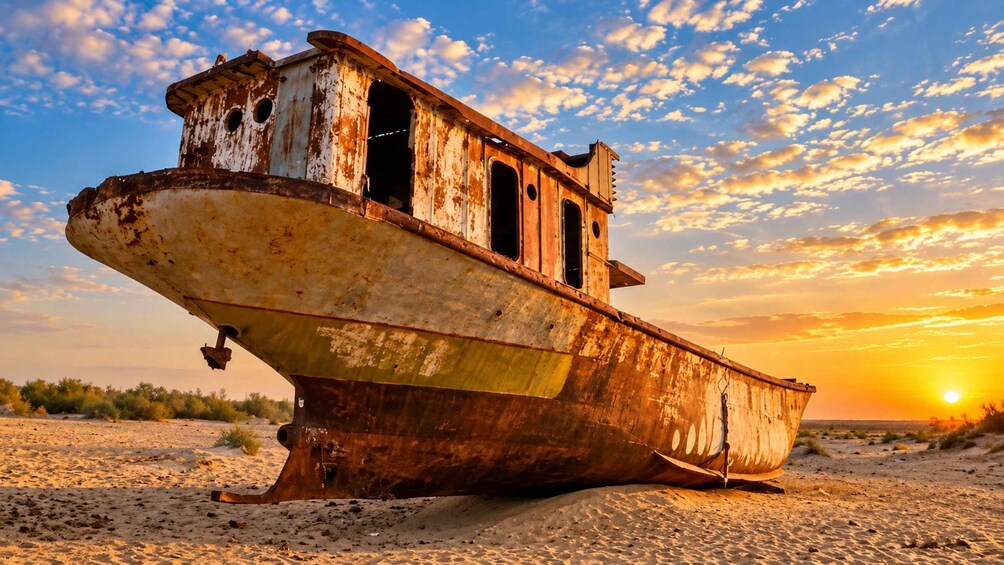A rusted boat on a sandy beach with a sunset in the background. 4