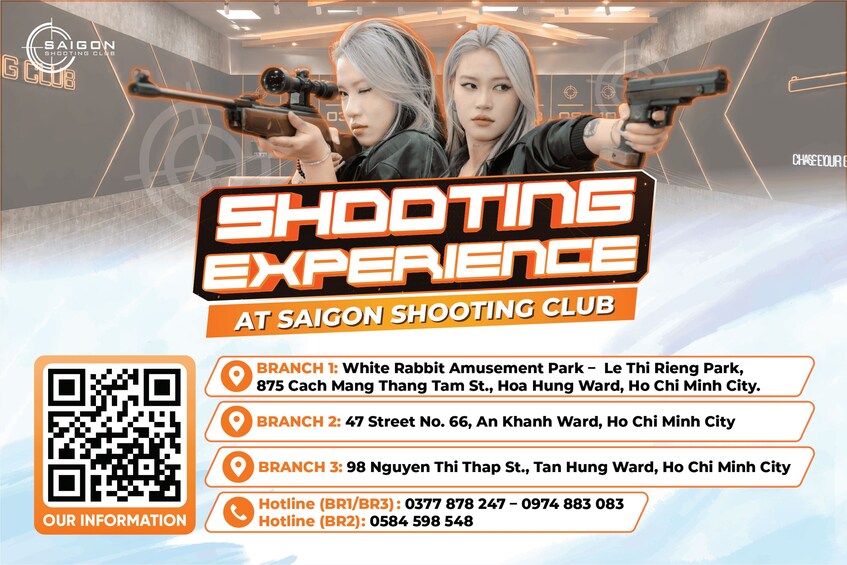Experiencia de tiro en Saigon Shooting Club, con código QR y detalles de ubicación para tres sedes. 2