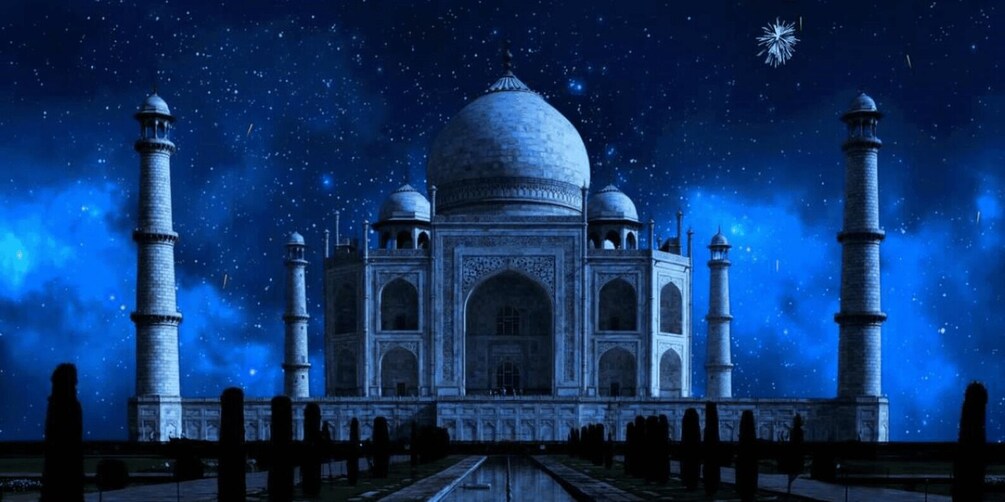 Taj Mahal yöllä tähtitaivaan alla. 1