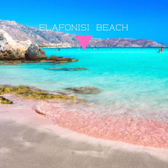 A beach with clear turquoise water, rocky formations, and a pinkish sand. 2