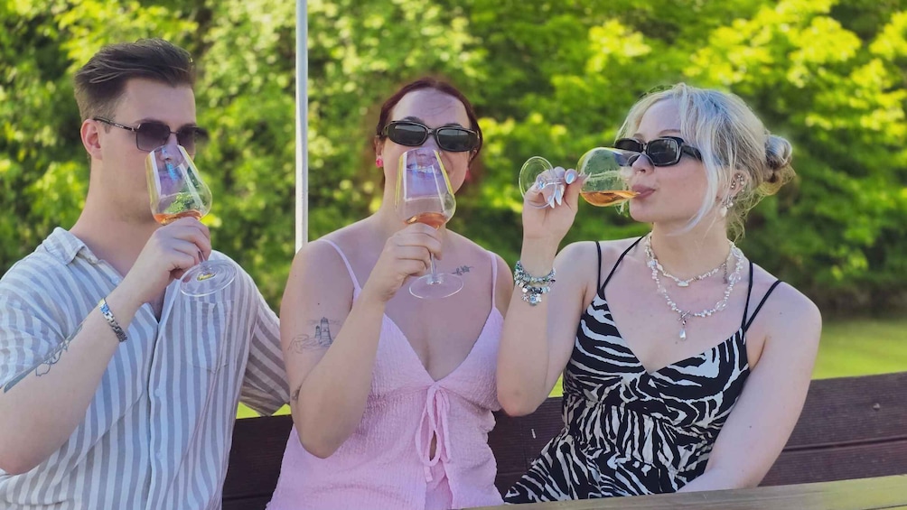 Three people sitting on a bench outdoors, each holding a glass of wine. 3