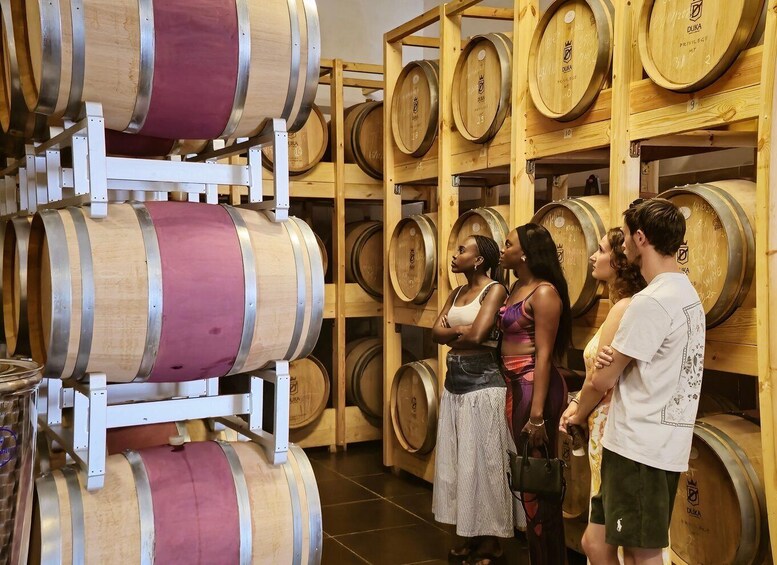A group of people in a wine cellar with wooden barrels. 5