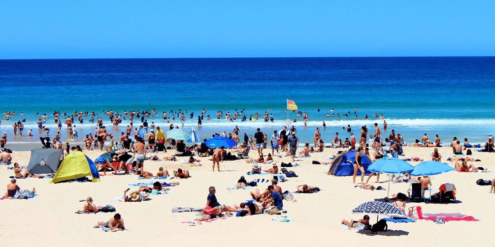 A crowded beach with people sunbathing, swimming, and setting up tents. 2
