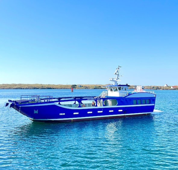 A blue boat named 'ARRANMORE BLU' on calm water with a clear sky. 3