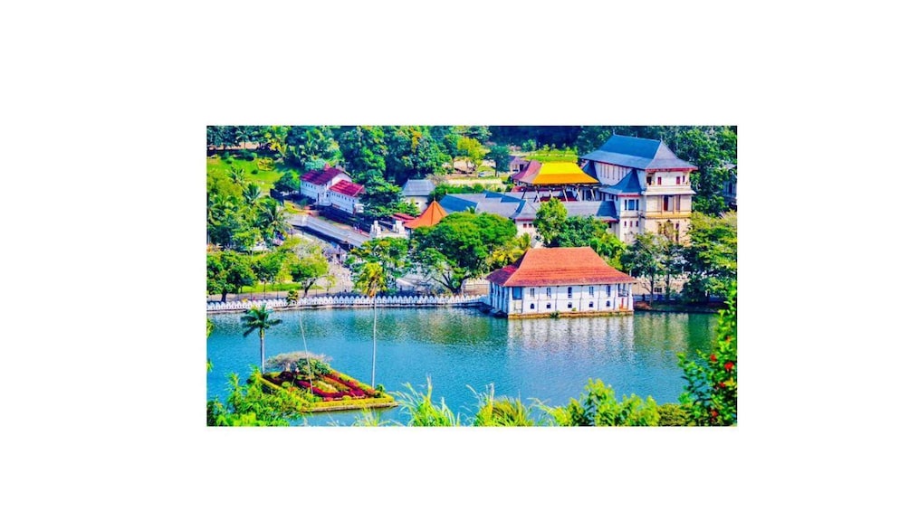 A scenic view of a lakeside village with colorful houses and lush greenery. 4