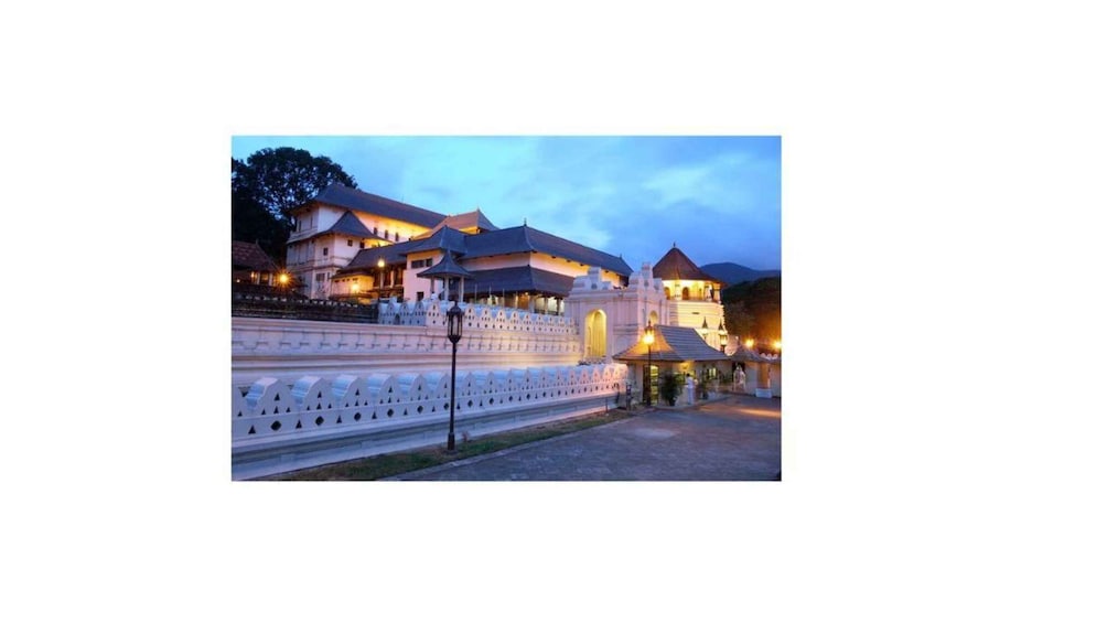 A temple complex with illuminated structures and a well-maintained pathway. 3