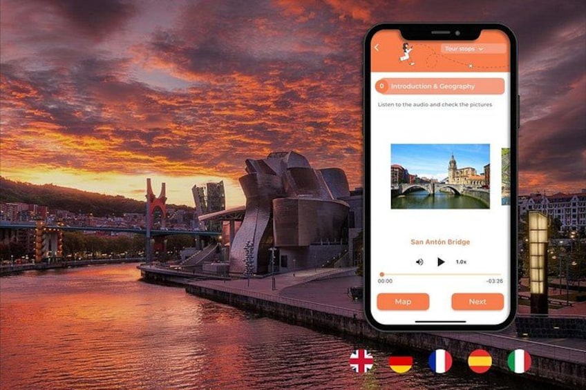 A smartphone displaying a travel app with a sunset view of a bridge and modern architecture. 1