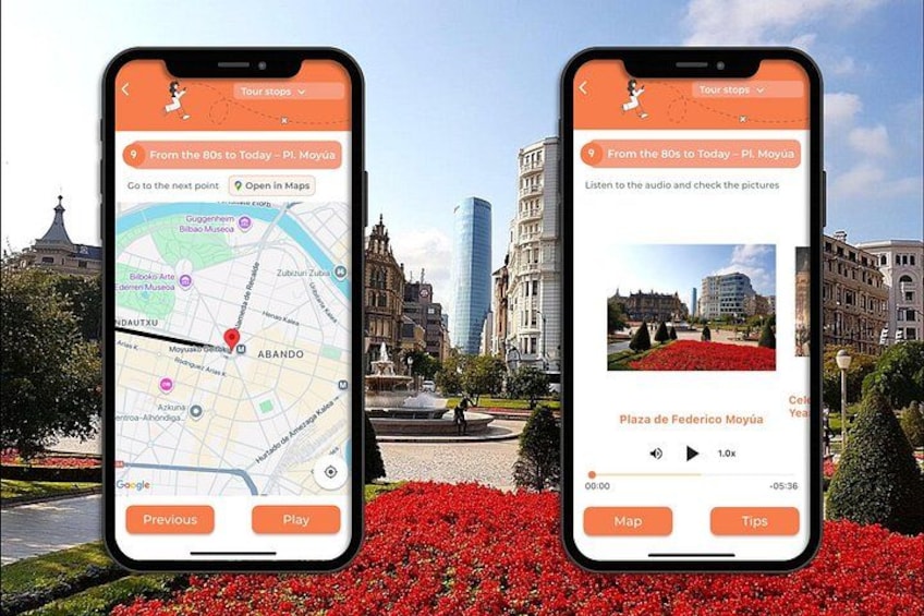 Two smartphones displaying a map and a tour guide interface for Plaza de Federico Moyúa. 4