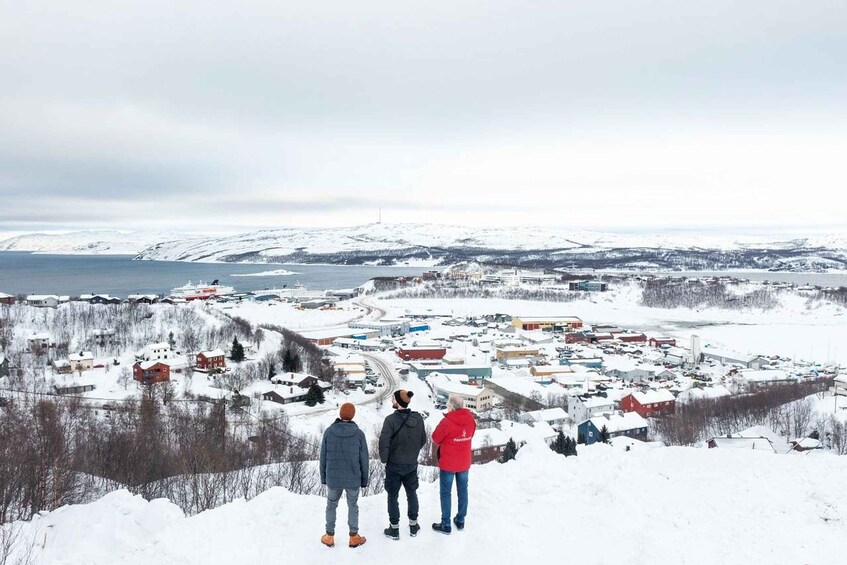 A snowy landscape with a town in the distance, a body of water, and a few people standing on a hill. 1