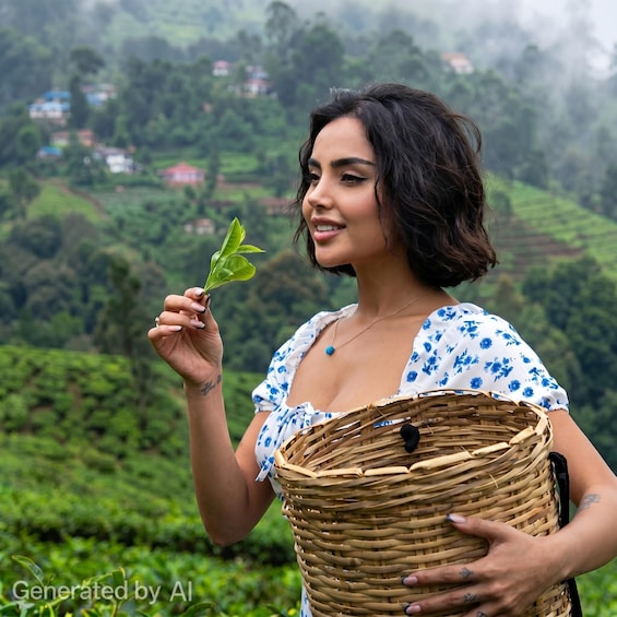 A person holding a leaf and a woven basket, with a green landscape in the background. 1