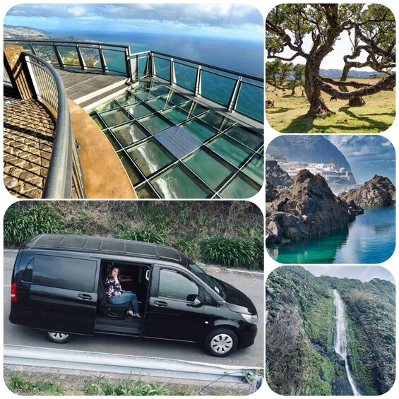 A scenic coastal walkway, a tree-lined path, a coastal village, a van on a road, and a waterfall. 1