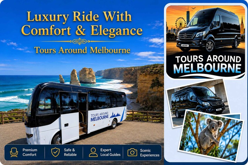 A luxury tour bus with 'TOURS AROUND MELBOURNE' branding, a scenic coastal backdrop, and a Ferris wheel. 2