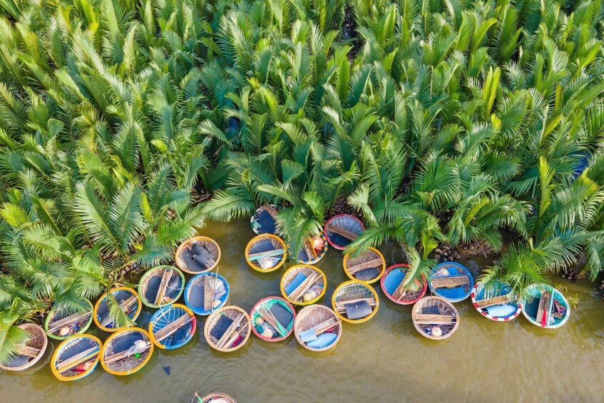 A river with circular floating platforms and dense palm trees. 1