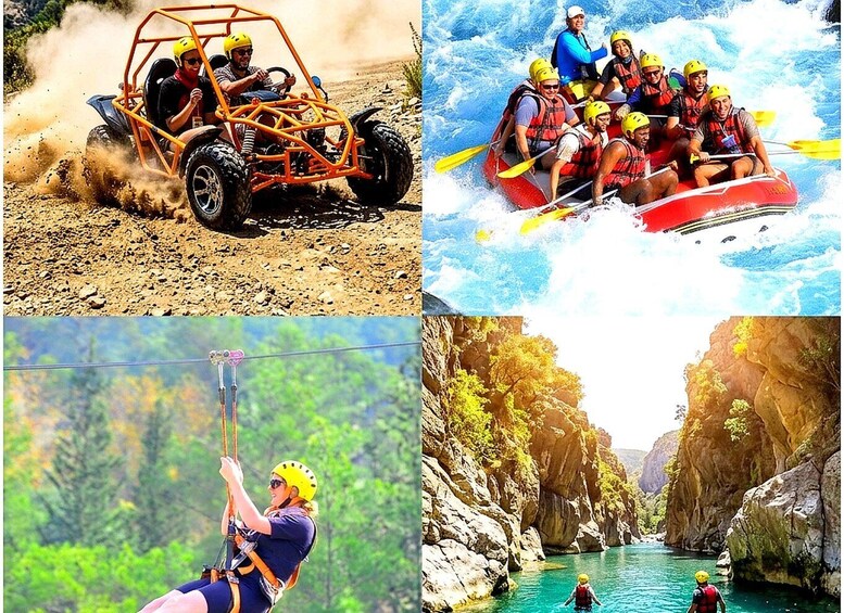 Off-road vehicles, white water rafting, zip-lining, and a canyon with clear water. 1