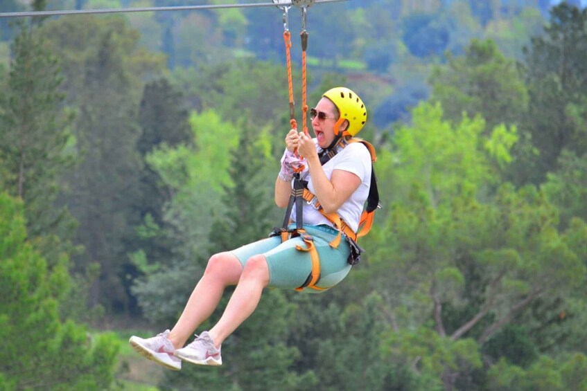 A person ziplining through a forested area. 2