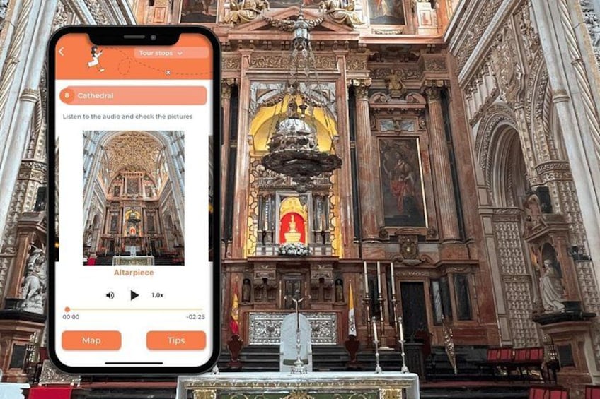 A cathedral interior with ornate decorations and a large altar piece. 2