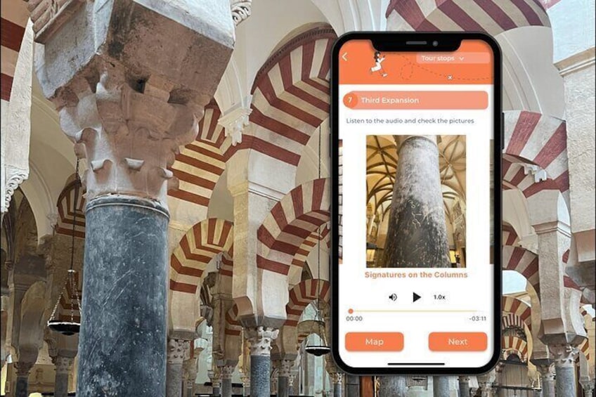 A smartphone displaying a tour guide about the third expansion of a historic building with striped arches and columns. 5