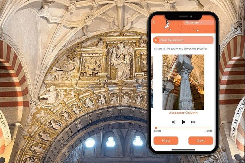 A smartphone displaying a tour guide application with a photo of the Alabaster Column. 4