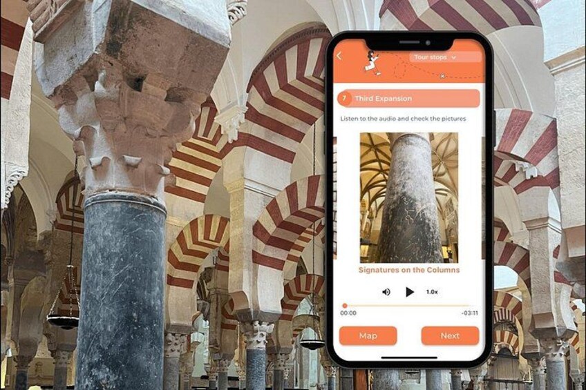 A smartphone displaying a tour guide app with a photo of a column and arches. 5