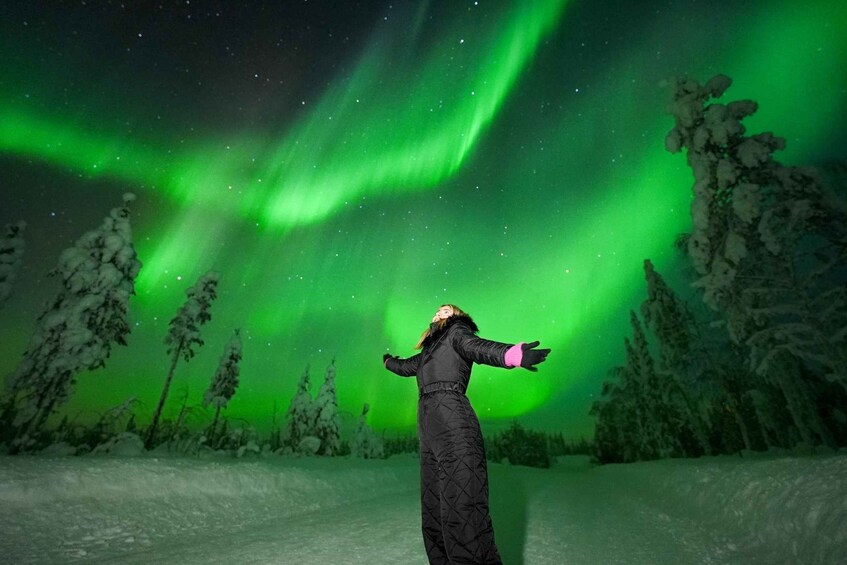 Una persona de pie en un paisaje nevado bajo un cielo nocturno con aurora boreal verde. 5