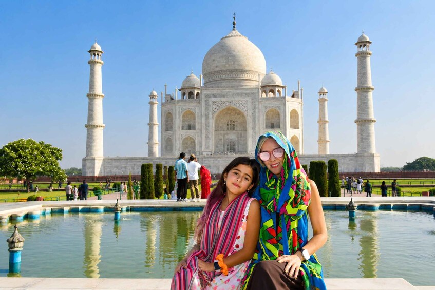 The Taj Mahal with a large reflecting pool in the foreground. 3