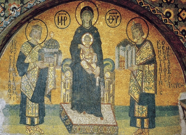 A mosaic with three figures, one central and two flanking, each holding a book. 4