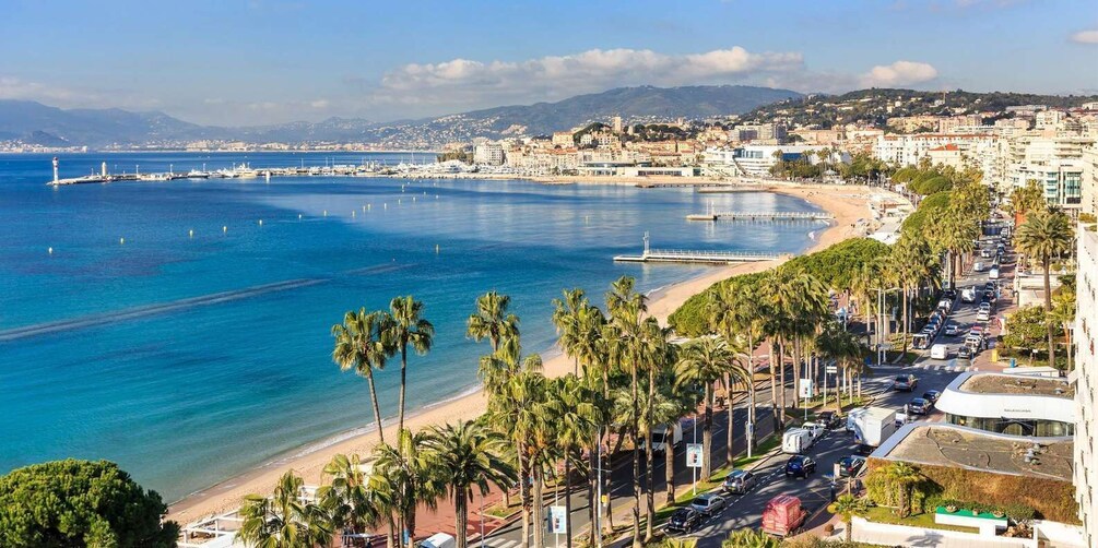 A coastal city with a beach, palm trees, and a harbor with boats. 2