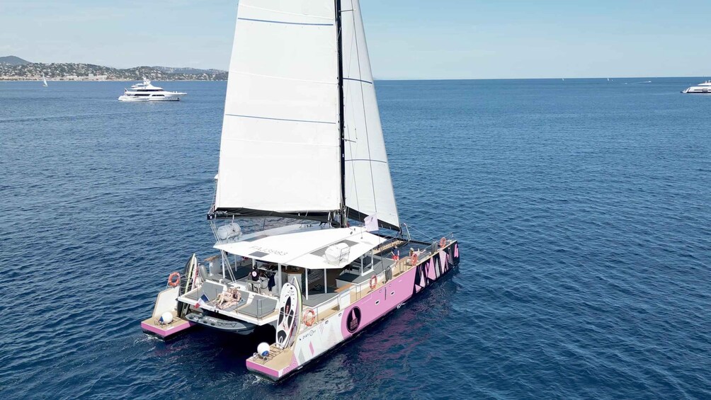 A pink and white catamaran sailing on the water with a cityscape in the background. 2