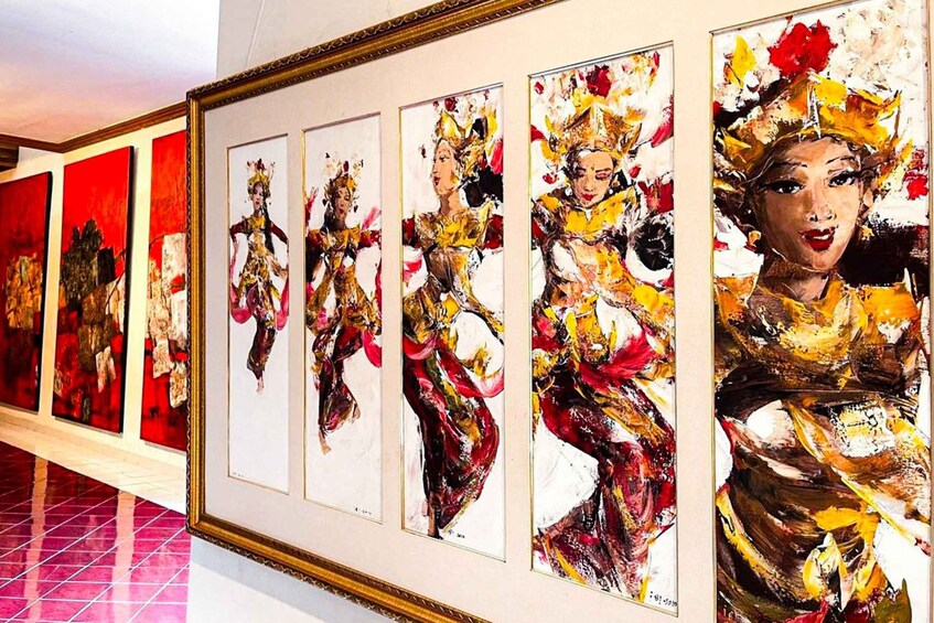 A gallery with framed abstract paintings. 4