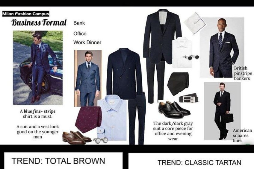 Et formelt business-outfit bestående af en lyseblå skjorte med fint striber, en mørkegrå dragt og et klassisk ternet mønster. 5