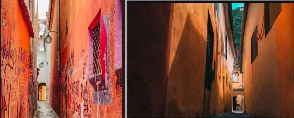A narrow alleyway with vibrant graffiti on the walls and a small window with a red frame. 5