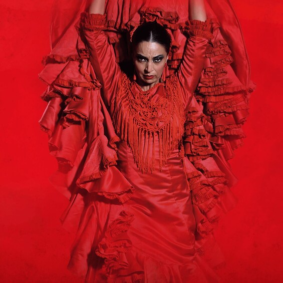 A person in a red dress with ruffled sleeves and a detailed neckline. 1