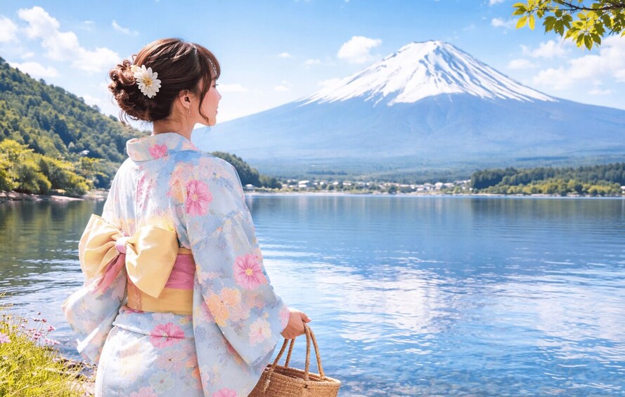 A person in a kimono by a lake with a mountain in the background. 1