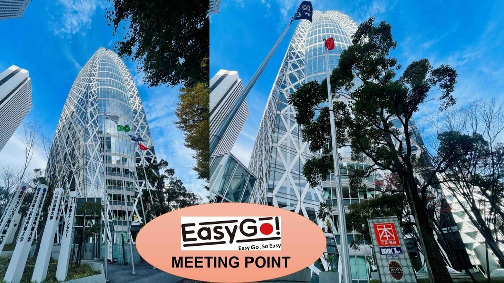 A modern building complex with a distinctive geometric glass facade and a flagpole with a flag. 3
