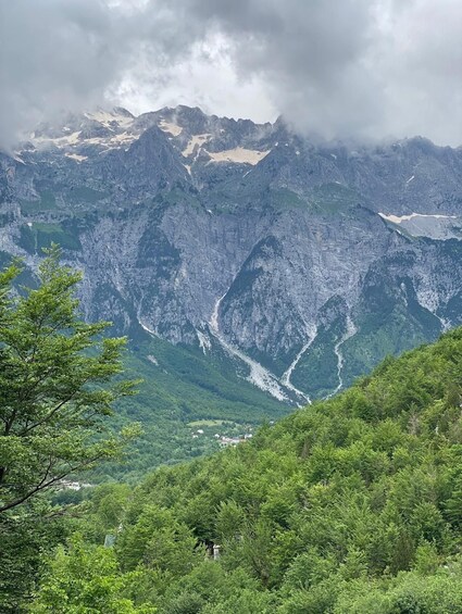 A mountainous landscape with dense green forests and a valley. 5