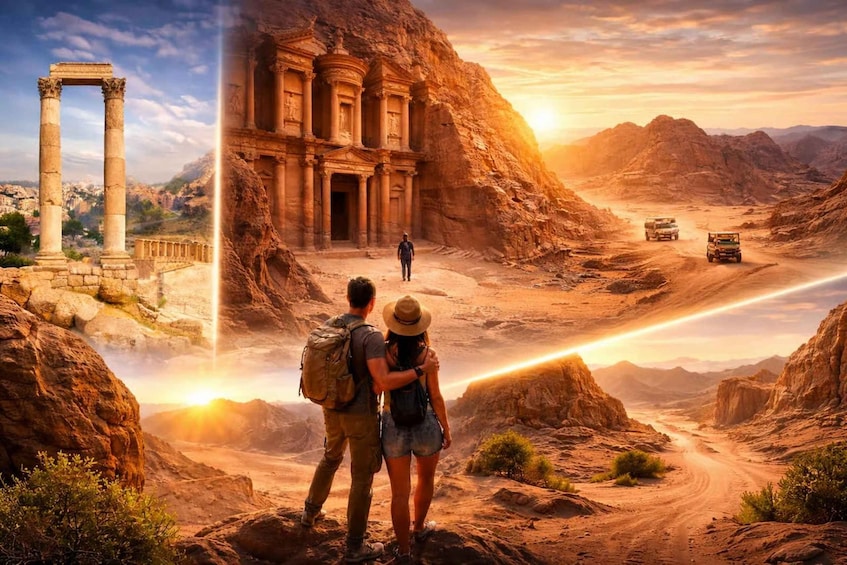A desert landscape with a large ancient structure, a person walking towards it, and a couple standing on a rocky outcrop. 1
