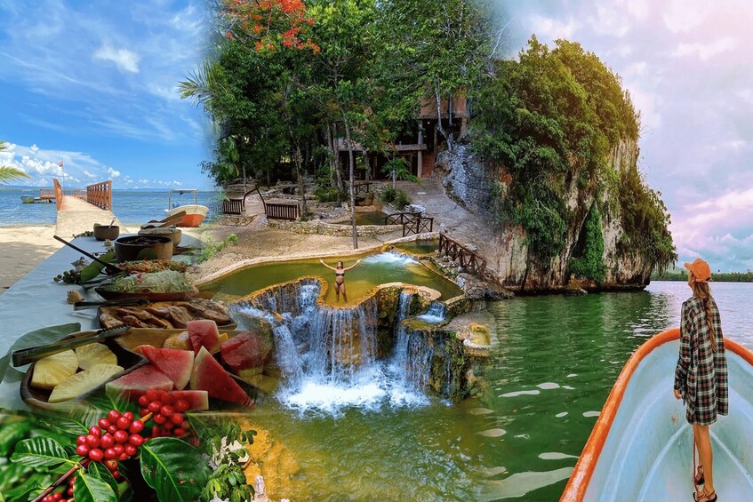 A tropical resort with a waterfall, a pool, and a beach. 1