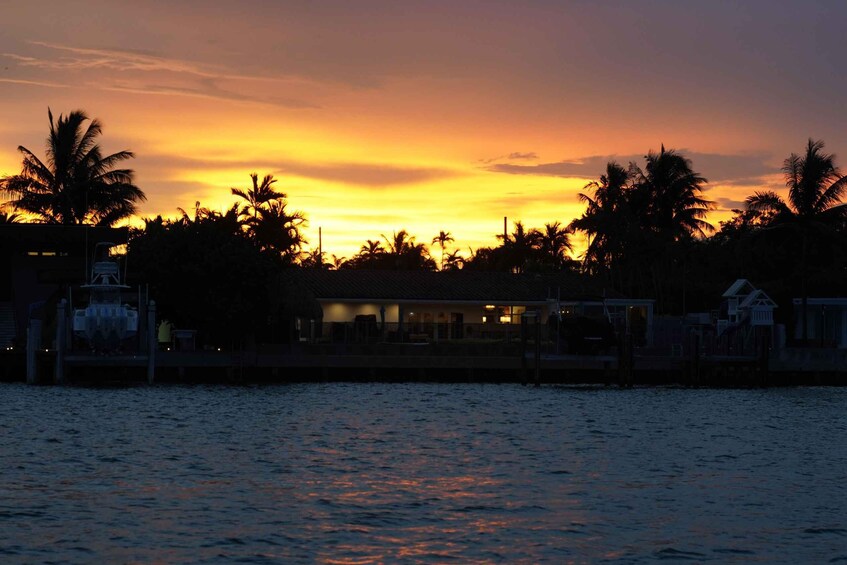 A sunset over a waterfront with palm trees and buildings. 2