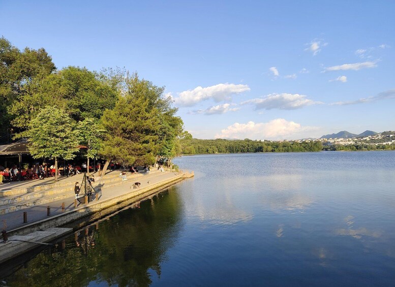 A calm lake with a dock and people sitting under trees. 1