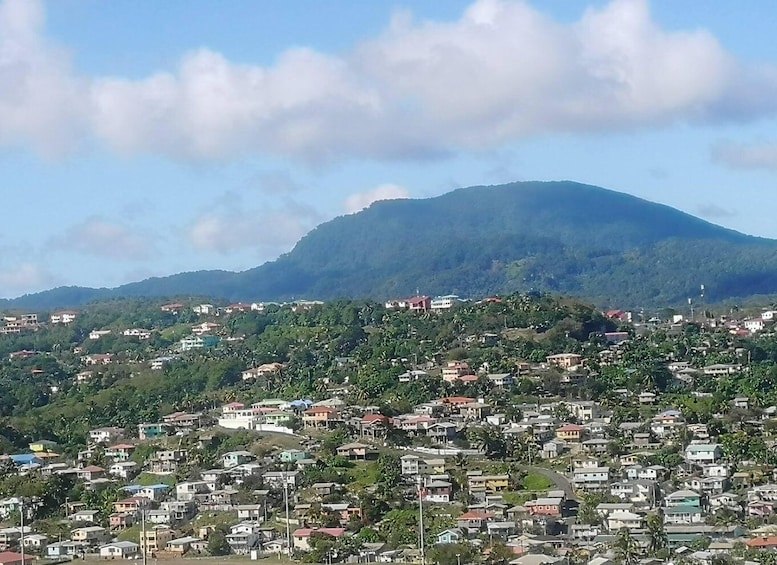 A town nestled in a valley with a mountain in the background. 2